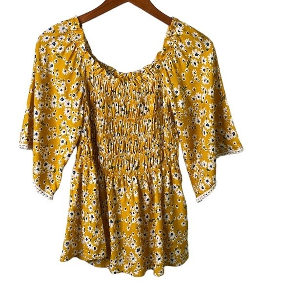 Chenault Fall Floral Smocked Square Neck Top Crochet Trim Wide Flare Sleeve Boho - Picture 3 of 15